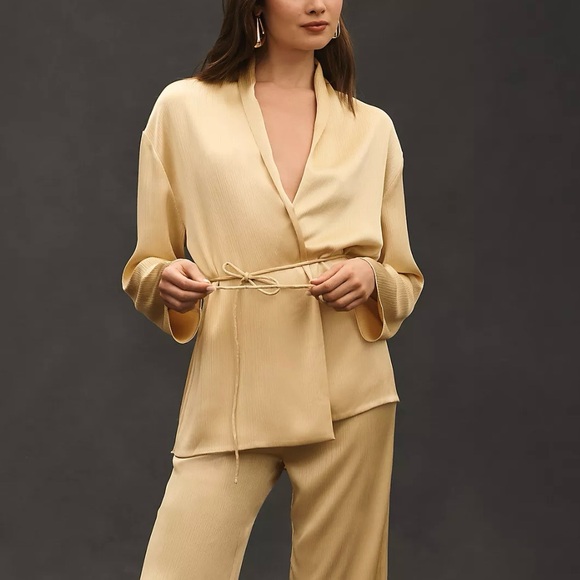 Mare Mare Gold Yellow Tie Plisse Silky Open Wrap Blazer PXXS Petite XXS